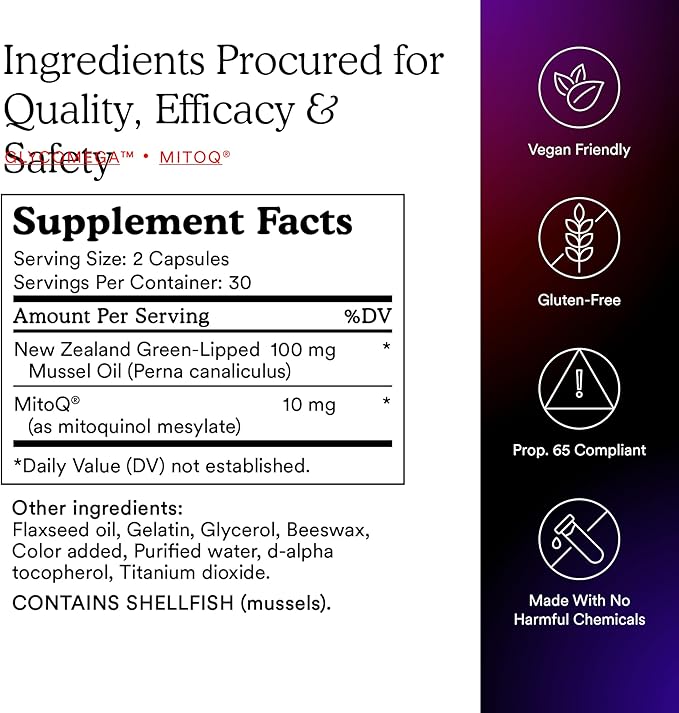 MitoQ +Joint Advanced CoQ10 Antioxidant Supplement - Contains Mitoquinol Mesylate & Green Lipped Mussel Omega Oil Extract - Supports Healthy Joint, Mobility and Cell Vitality (60 Softgel Capsules)