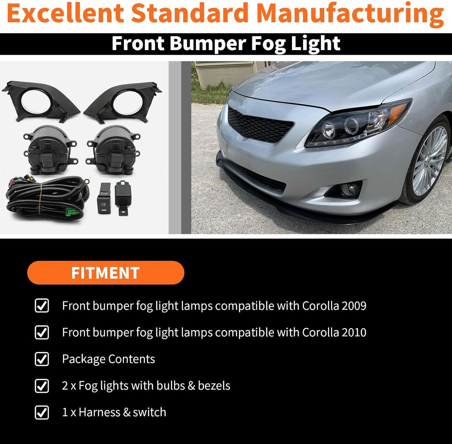 Fog Light Assembly Compatible with Corolla 2009-2010 Fog Lamp w/H11 12V 55W Halogen Bulbs & Bezels & Harness & Switch