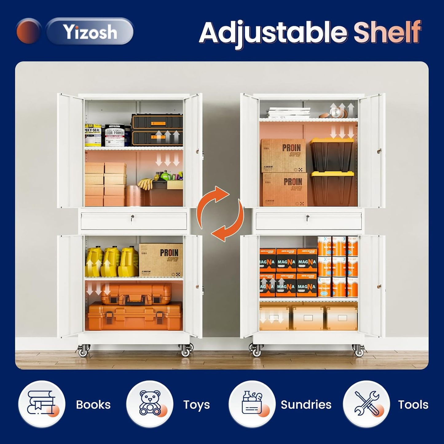 Yizosh Metal Garage Storage Cabinet with Locking Doors and Adjustable Shelves, 73" Rolling Tool Storage Cabinet with 4 Wheels and 1 Drawer for Garage,Warehouse