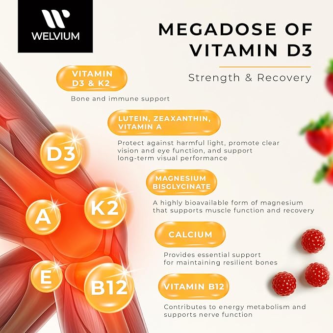 Vitamin D3 K2 Gummies 10000 IU with Magnesium Glycinate, Calcium, B12, K2 MK-7, Vitamins A, E, Lutein, Zeaxanthin - ADK Chewable Supplement for Bone, Heart, Eye, Immune Support - D3K2 Gummies