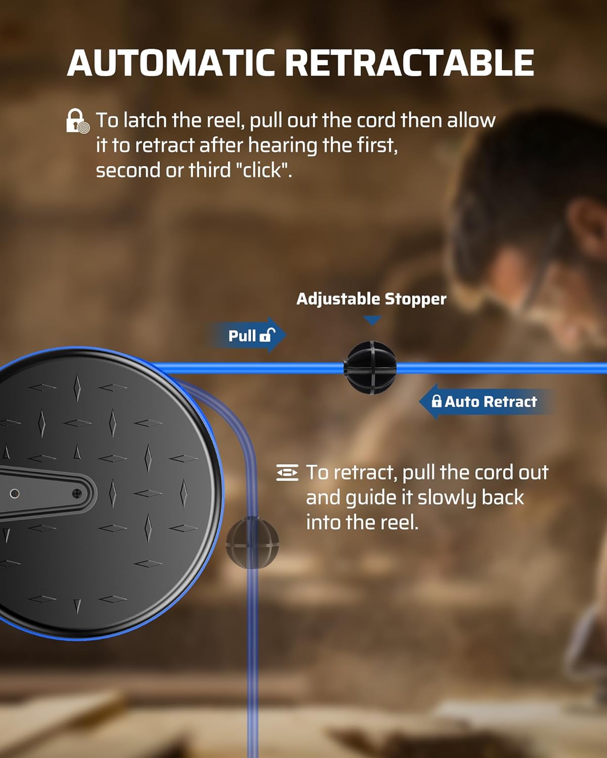DEWENWILS 30FT Extension Cord Reel, 16/3 Gauge SJTW Power Cord, Retractable Cord Reel with 3 Outlets, Ceiling/Wall Mount for Garage, Workshop, 10A Circuit Breaker, Metal Plate, UL Listed, Blue