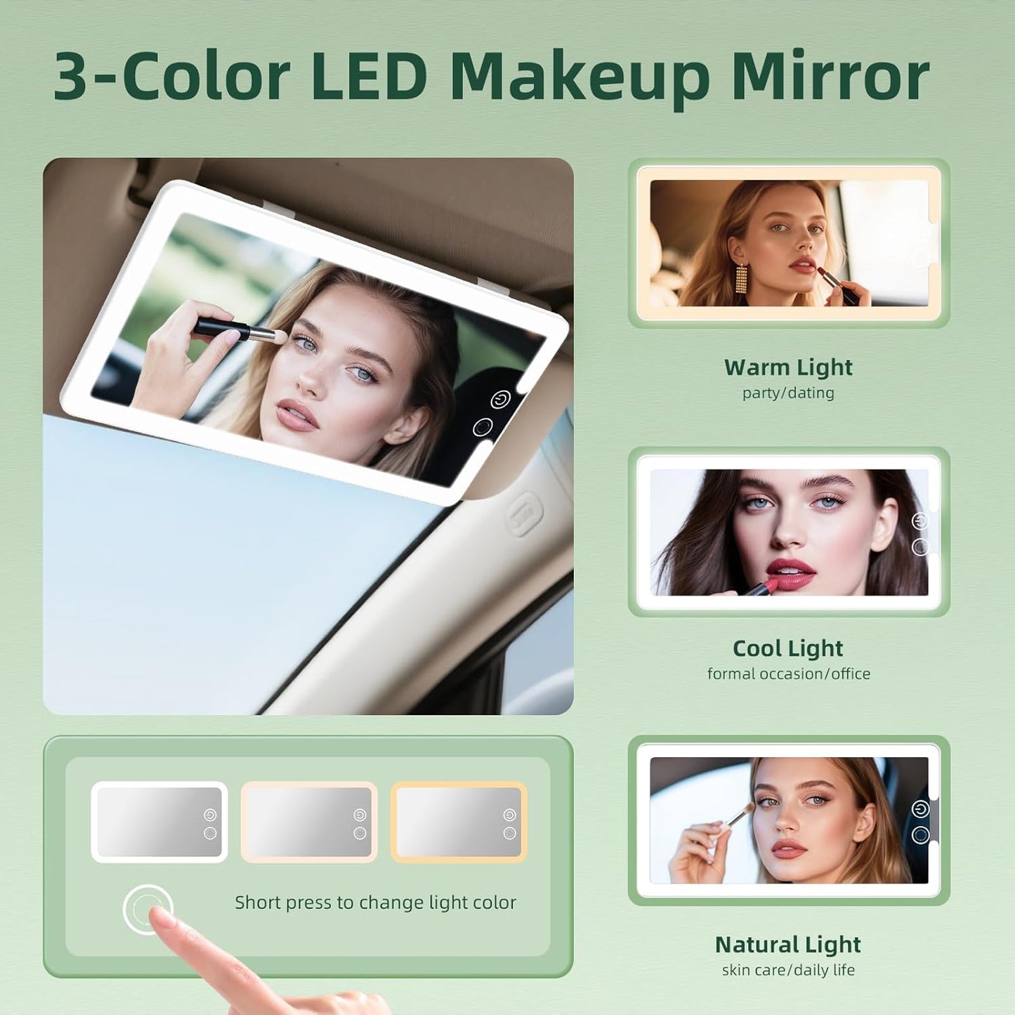2 Pcs Car Sun Visor Vanity Mirror,Dimmable Rear View Visor Makeup Mirror with 3 Light Modes,White