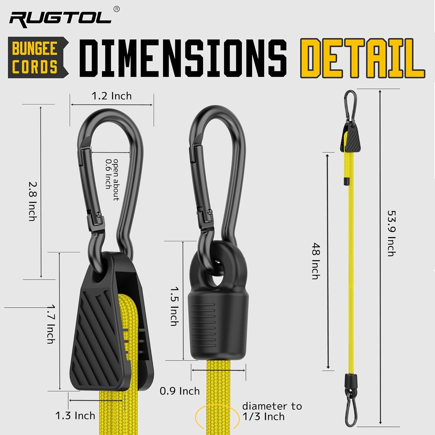 Bungee Cords with Hooks, 48 Inch Adjustable Yellow Bungee Cords with Carabiner Heavy Duty Outdoor, 8mm Thick Easy to Adjust Bungee Rope UV Resistant for Truck Bed, Bike Rack, Camping, 6 Pack