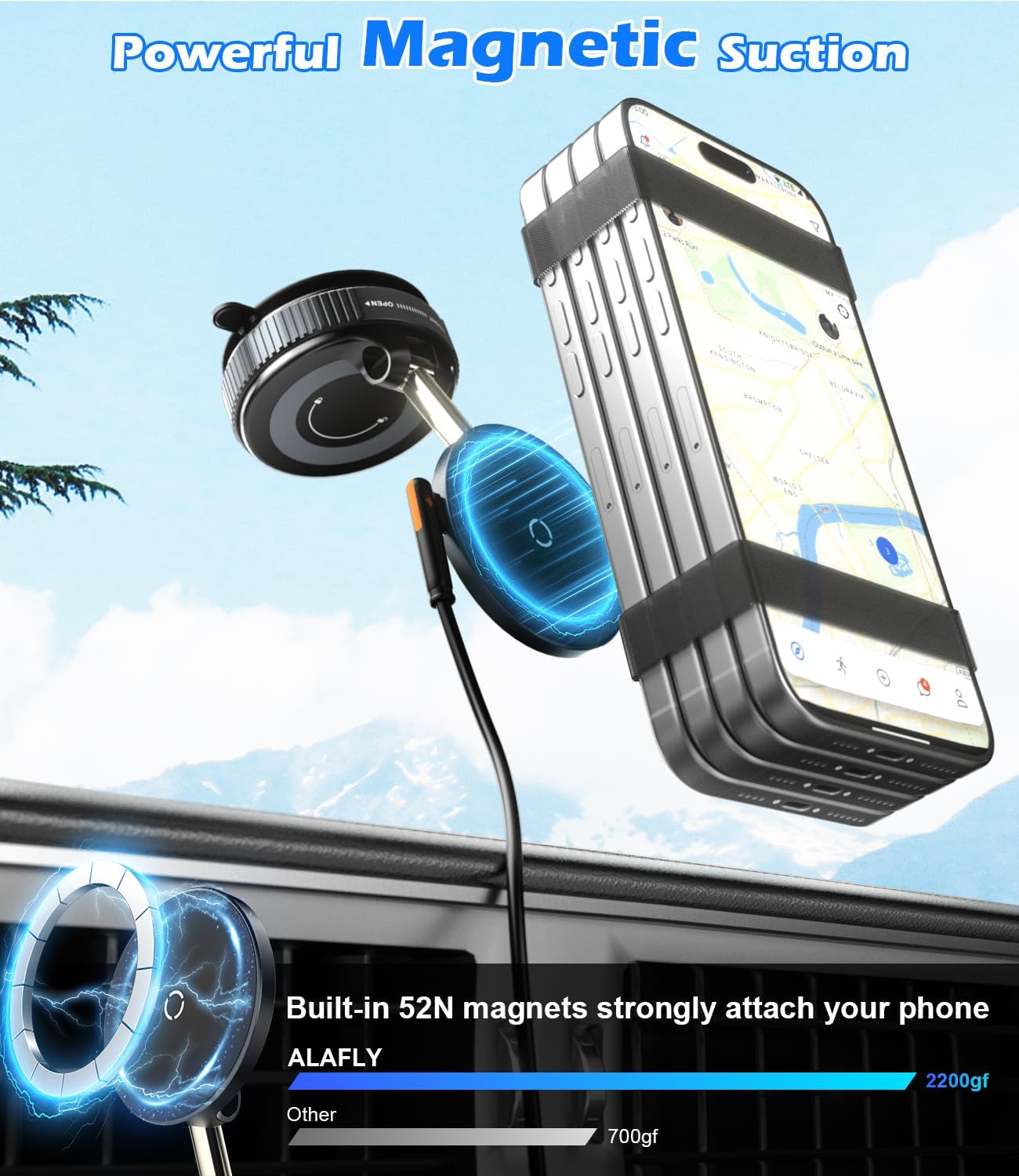 15W Wireless Charger Magnetic Car Phone Holder [Vacuum Suction Cup] 360° Adjustable & Foldable Car Mount for Dashboard/Windshield/Smooth Surface [Compatible with MagSafe] for iPhone/Samsung