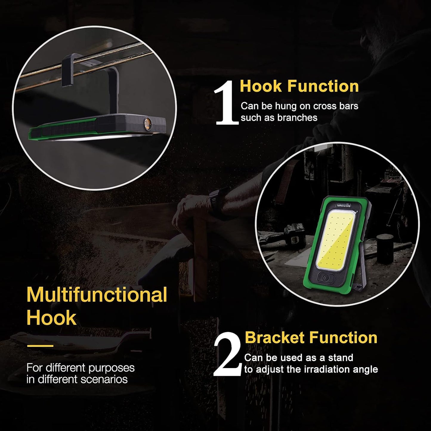 WARSUN Led Rechargeable Portable Magnetic Waterproof Solar Flood Light for Outdoor Camping Hiking Emergency Car Repairing (USB Charging, Green)
