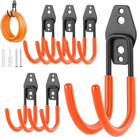Upgraded Garage Hooks, 6 Pack Heavy Duty Wall Mount Steel Utility Hooks, Storage System Hooks for Power Tools, Garden Hose, Ladder, Bike, Cords, and More