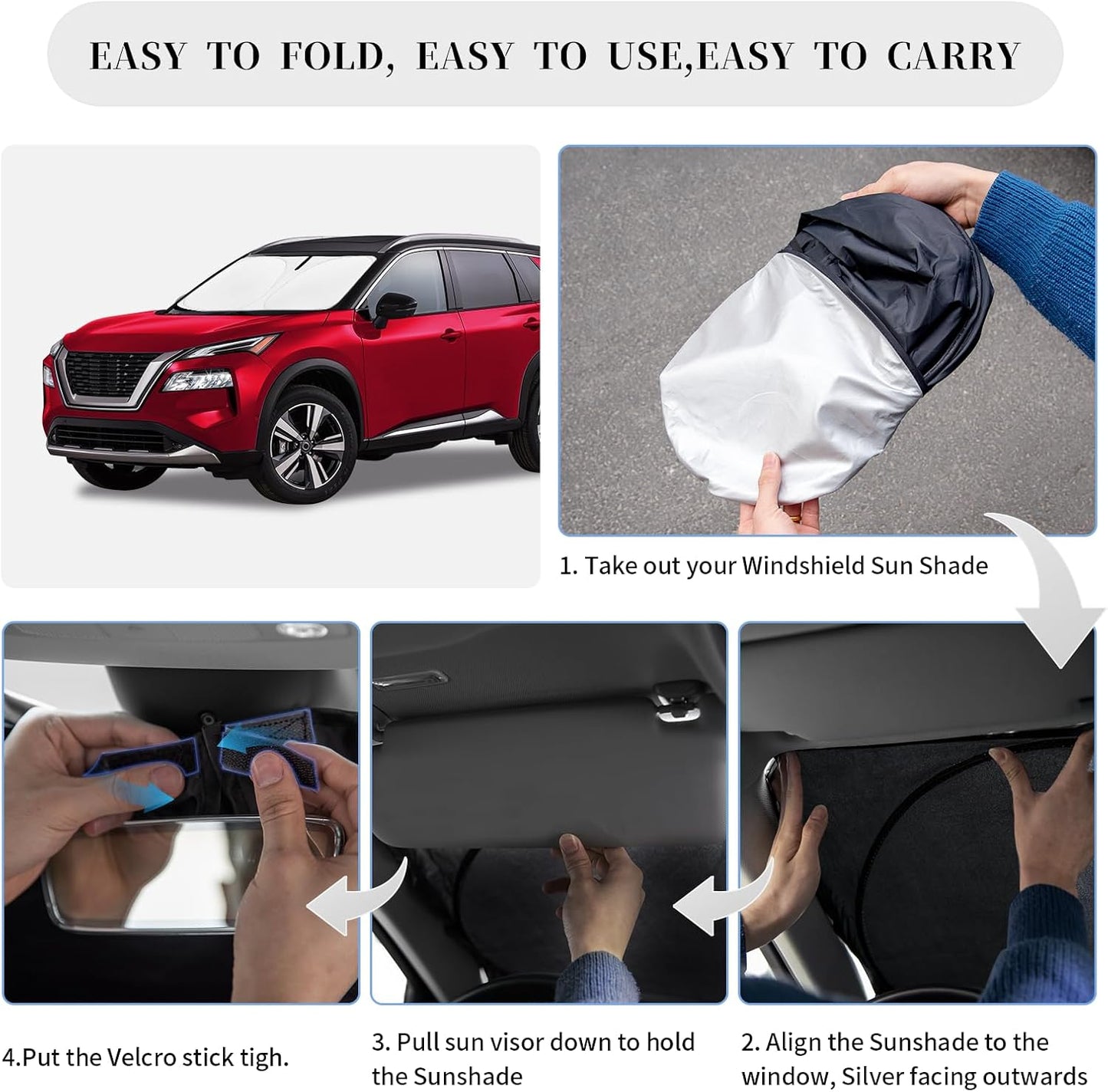 Sun Shade Sunshade Compatible with Nissan Rogue Windshield Cover, 4-Layer Front Window Shade for Rogue 2014-2020 (Not for Rogue Sport) Sun Visor 240T Retractable Shade Blocks UV Rays