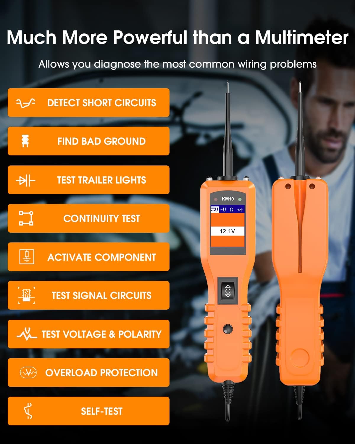KZYEE KM10 Power Circuit Probe Kit, 12V 24V Automotive Circuit Tester, Digital Multimeter, Short Finder, AC/DC Voltage Tester, Diode & Resistance, Current Probe Component Activation, 20FT+20FT Cable