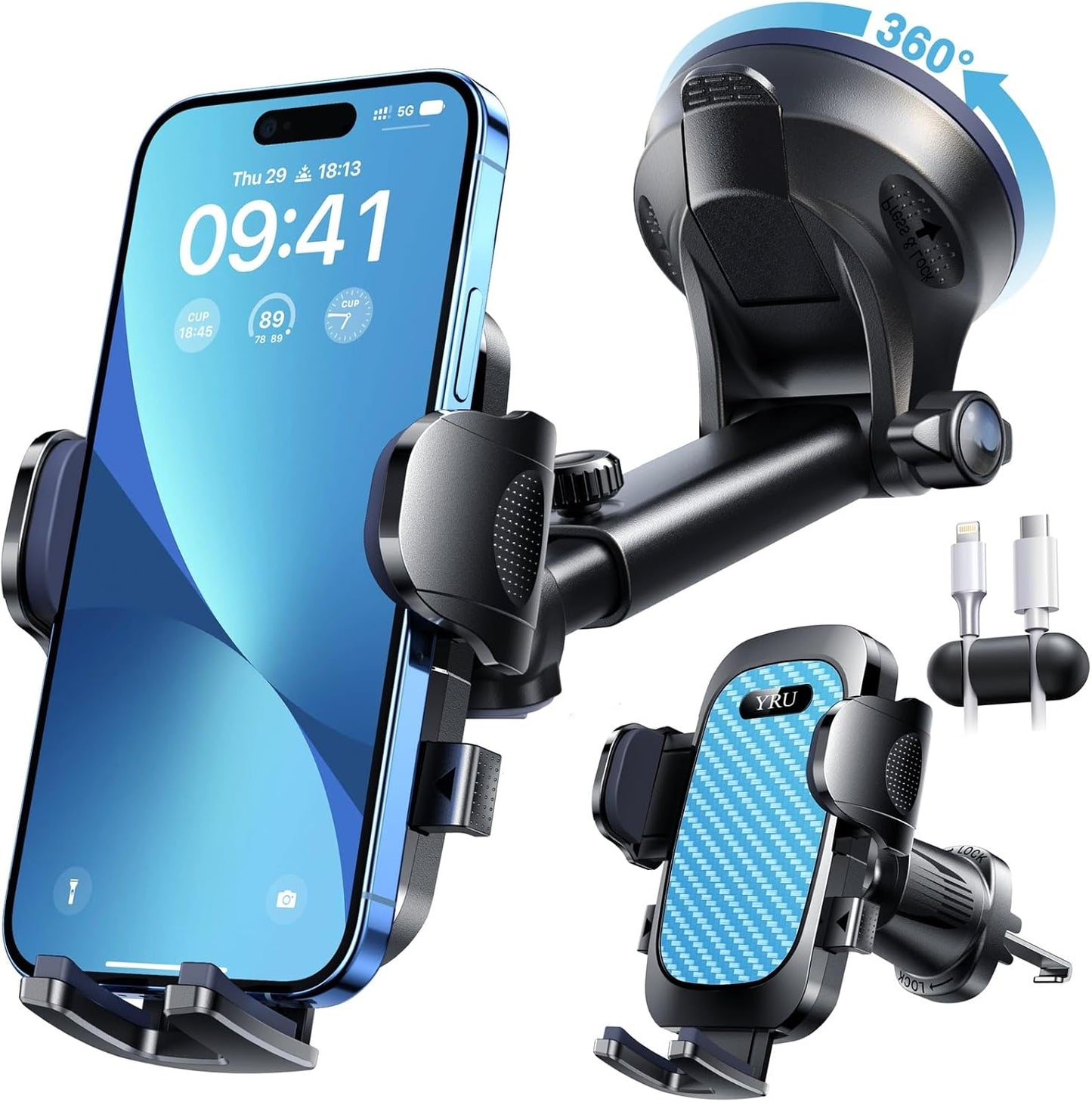 [True Military-Grade & 360 Degrees Rotatable Suction] 2025 YRU Ultimate Car Phone Holder Mount 【90+LBS Safest Strongest & Patent Certs】Dashboard Windshield Vent for iPhone 16 15 Pro Max Samsung, Blue