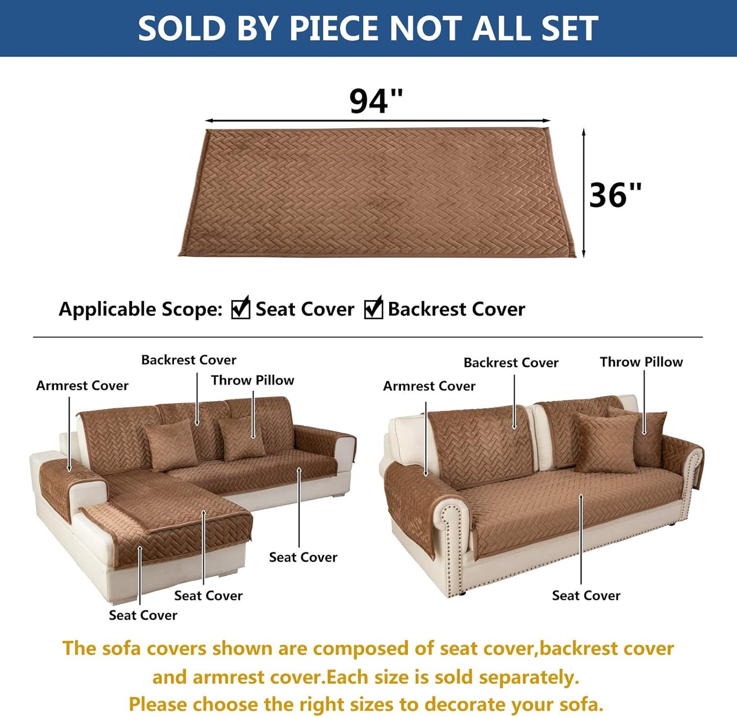 Eismodra Couch Cover,Sectional Couch Covers,Sofa Covers for 3 Cushion Couch,Anti-Slip Sofa Slipcovers for Dogs Cats Kids Loveseat Recliner L Shaped Armrest Backrest,Brown 36''x94''(Only 1 Piece)