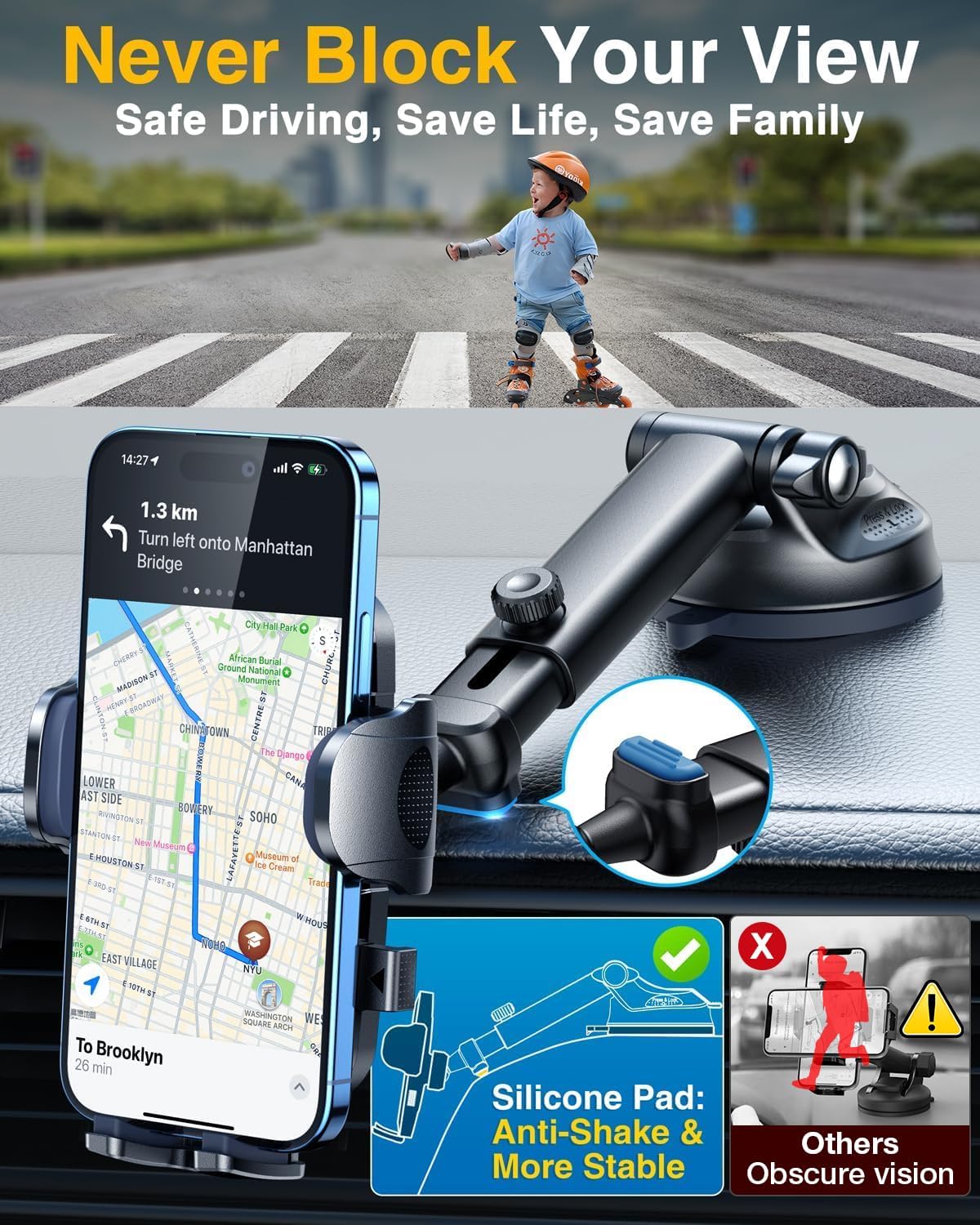 [True Military-Grade & 360 Degrees Rotatable Suction] 2025 YRU Ultimate Car Phone Holder Mount 【90+LBS Safest Strongest & Patent Certs】Dashboard Windshield Vent for iPhone 16 15 Pro Max Samsung, Blue