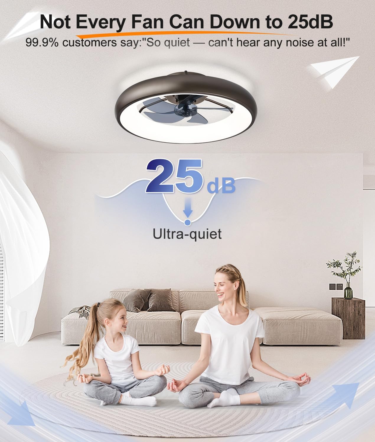 Ultra Low Profile Ceiling Fans with Lights and Remote Ultra Quiet 25 dB, 21" Modern Flush Mount LED Ceiling Fan Fandelier Ceiling Fan for Bedroom