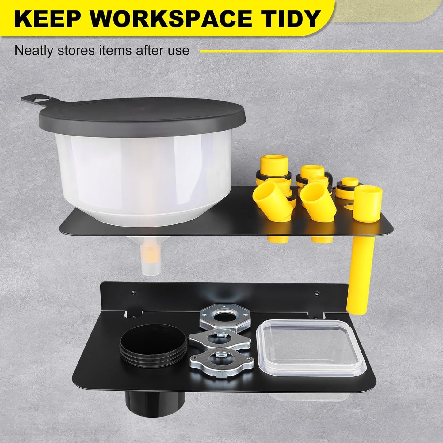 Coolant Funnel Kit Holder Storage Rack Includes 2 Plastic Removable Drip Cups, Wall Mount Fluid Drain Funnel Kit Organizer Bracket for Enclosed Race Trailers, Automotive Garage Shop, Black