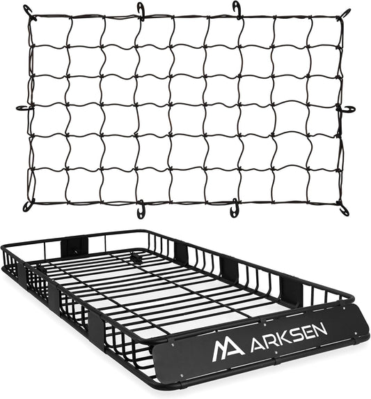 ARKSEN 84 x 39 x 6 Inch Universal 150LB Heavy Duty Roof Rack Cargo with Cargo Net, Car Top Luggage Holder Carrier Basket with Extension for SUV, Truck, & Car Steel Construction