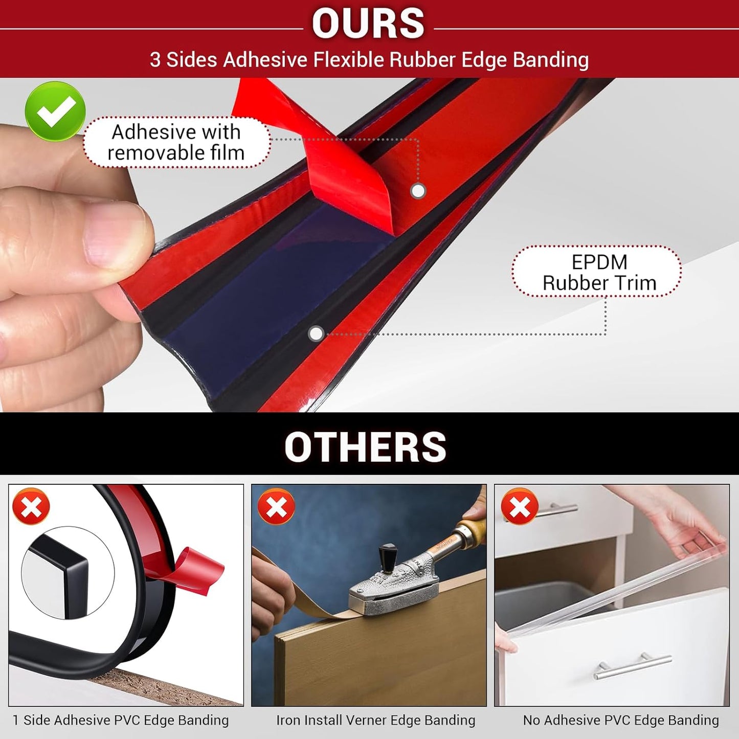 Rubber Edge Trim, 1" Self Adhesive Flexible U Channel Edge Protecter for Plywood, Tables, Desks, Cabinets, Counter Top, Wide U Shaped Edge Trim, Edge Banding, Black Color, 20Ft