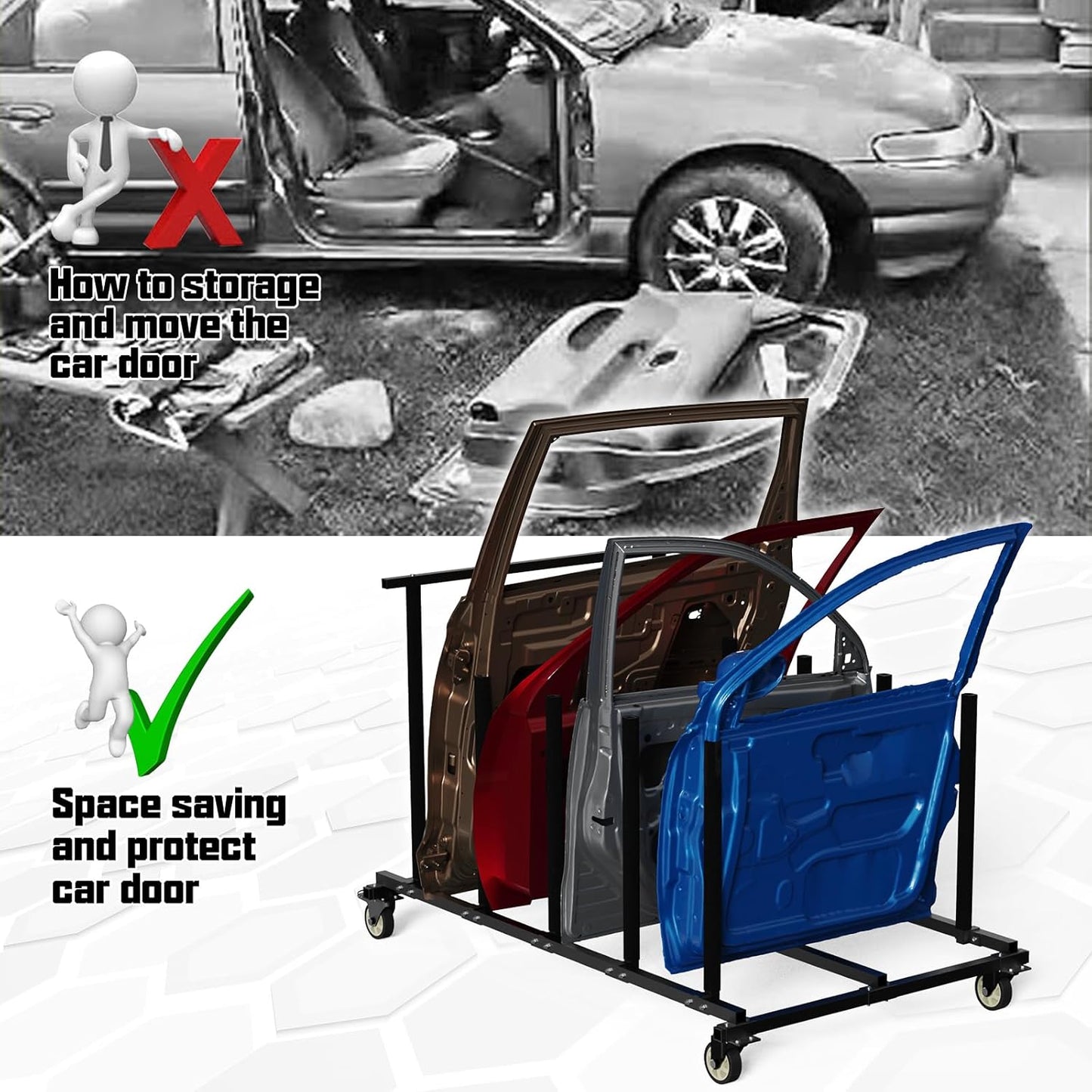 Vehicle Door Storage Cart, 4 Door Storage Rack with Dedicated Area for Each Door Maximize Space Utilization 4 Inch Swivel Caster Allow Floor Mobile Vehicle Door Storage Cart Smooth Maneuverability
