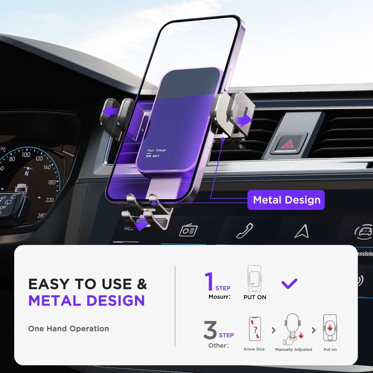 Wireless Car Charger,【7 Colored RGB Backlit】 15W Auto Clamping Car Charger Phone Mount Holder for iPhone 15 14 13 12 Mini Pro Max 11 XR X, Samsung Galaxy S23 Ultra S22 S21+ S10+ Note 20, etc - Silver