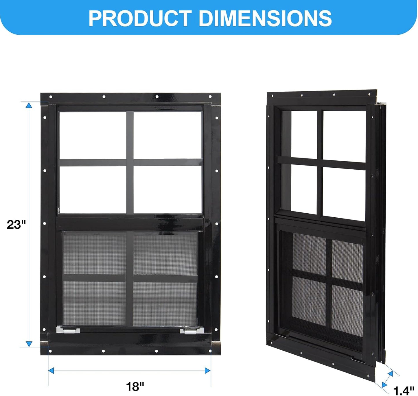 NeatiEase Upgraded Shed Windows 2 Pack, 18" x 23" Windows with Tempered Glass and Stainless Steel Screen for Shed, Chicken Coop, Playhouse, Household, Garage(Black)