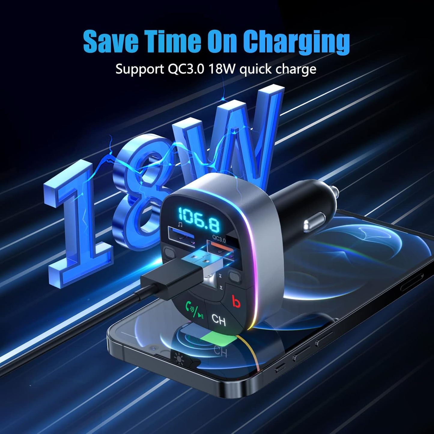 LENCENT Bluetooth Car Adapter, 5.0 Car FM Transmitter with QC3.0 Charger, AUX Bluetooth Radio Music, Wireless Dual Mics, Bass Sound, Cigarette Lighter, & HandsFree, Supports Siri & Google Assistant