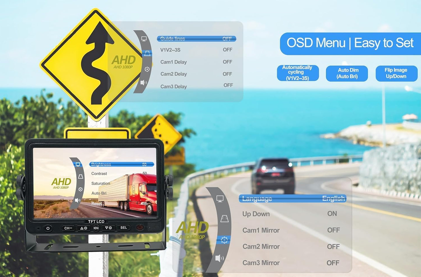 AHD 720P, Super Clear, 7" Wired Monitor Rear View Backup Camera System for Farm Tractor, Truck, RV, Forklift, Heavy Equipment, EXCAVTORS, Skid Steer