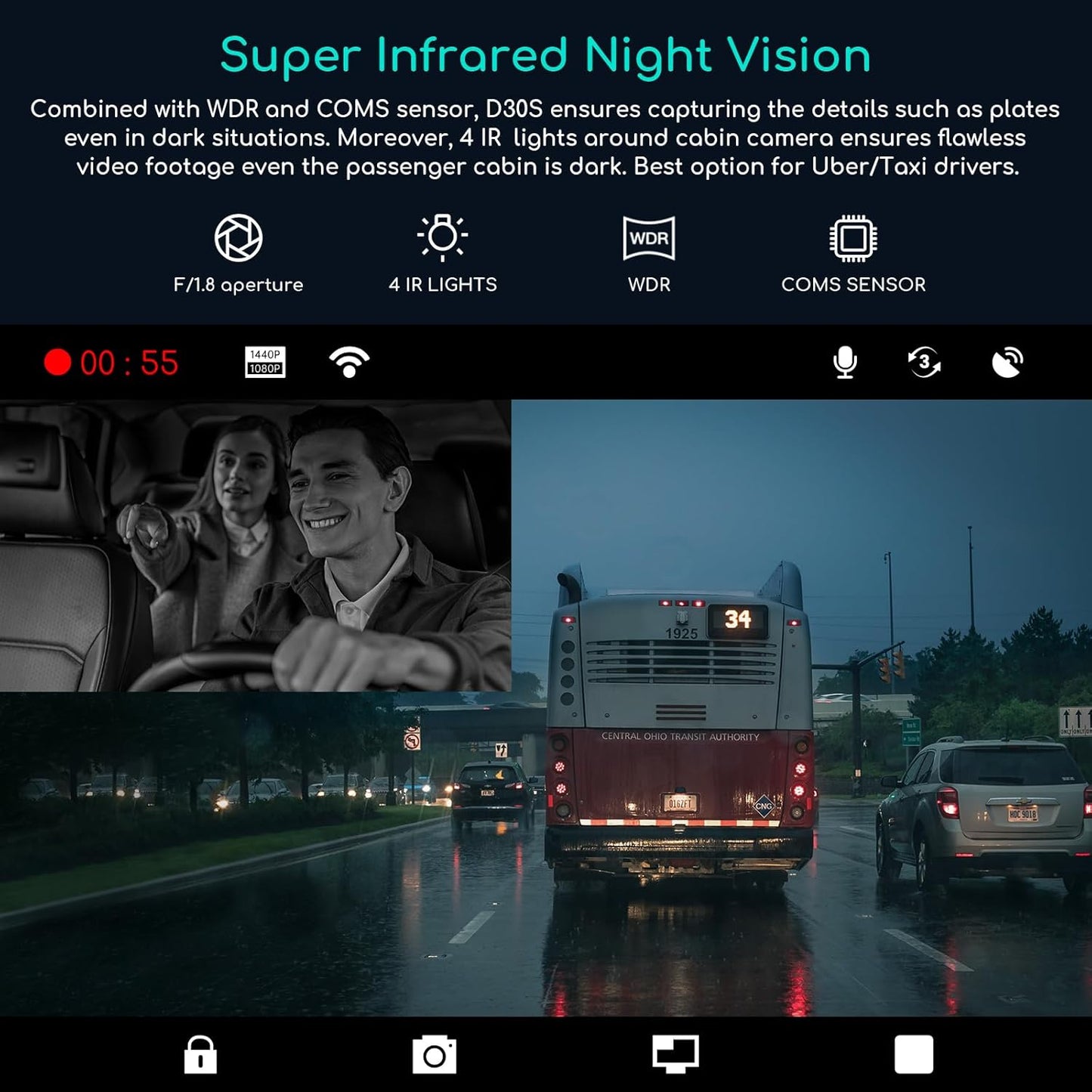 COOAU D30S 4K Dash Cam with GPS Wi-Fi, Front and Inside Dual 2.5K 1080P, Uber Car Camera with Infrared Night Vision, Supercapacitor, 4 IR LEDs, G-Sensor, Parking Mode, Loop Recording