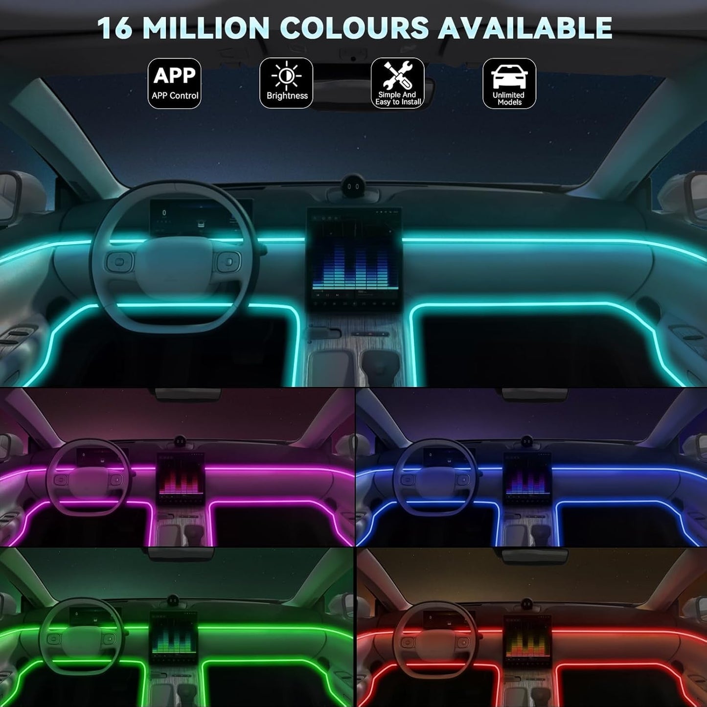 AUTOXBERT Car LED Interior Strip Lights, Multicolor RGB Ambient Lighting Kit 5 in 1 with 236 inches Fiber Optic, 16 Million Colors Lights with Sound Active Function & APP Control