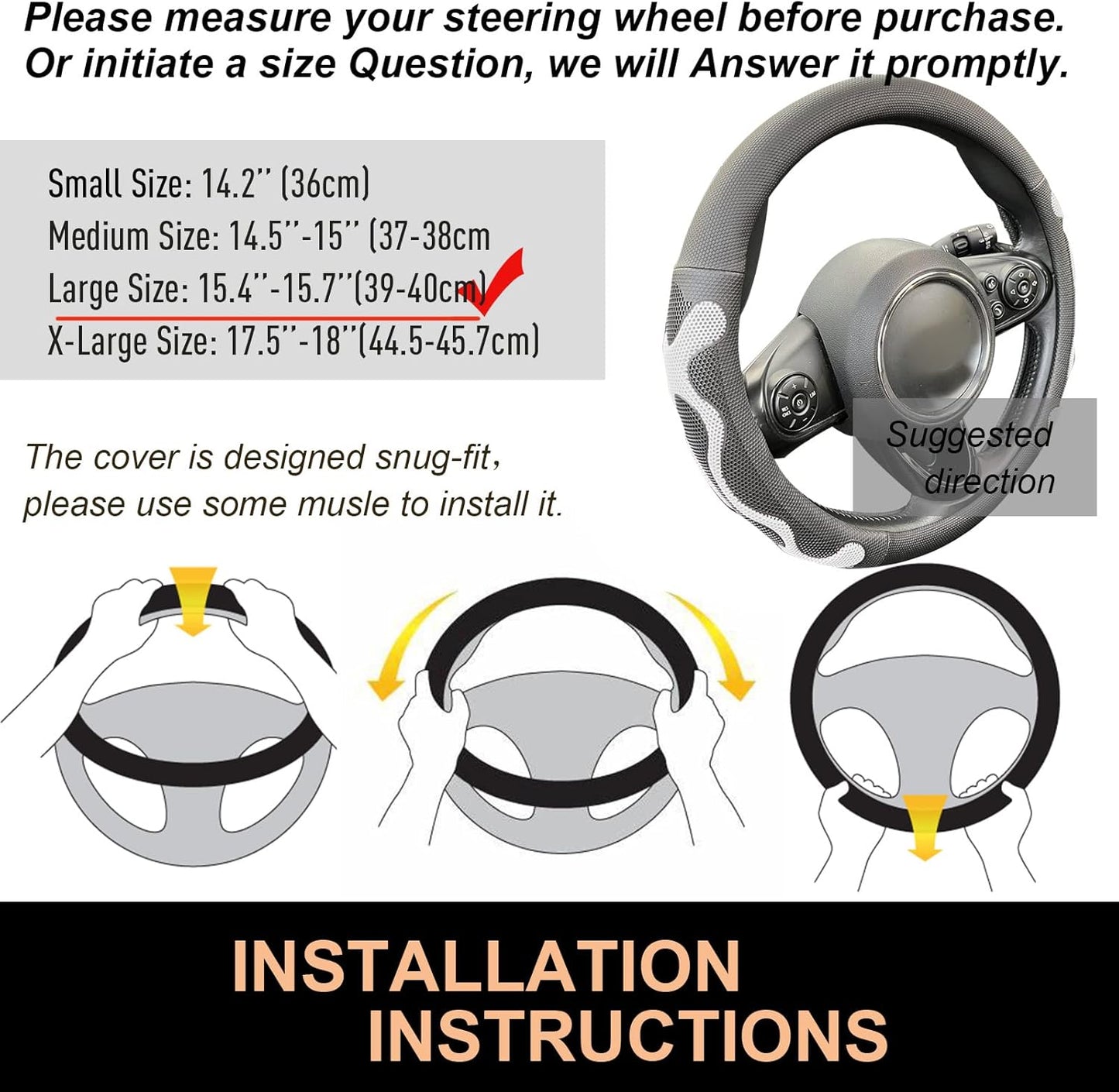 PINCTROT Large Size Comfy Grip Steering Wheel Cover, Anti-Slip Design, 15.5-15.75 Inch(Silicone White)