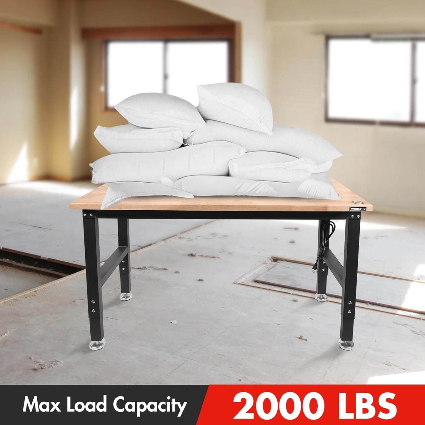 WORKPRO 48" Adjustable Workbench, Rubber Wood Top Heavy-Duty Workstation, 2000 LBS Load Capacity Hardwood Worktable with Power Outlets, for Workshop, Garage, Pack of 10