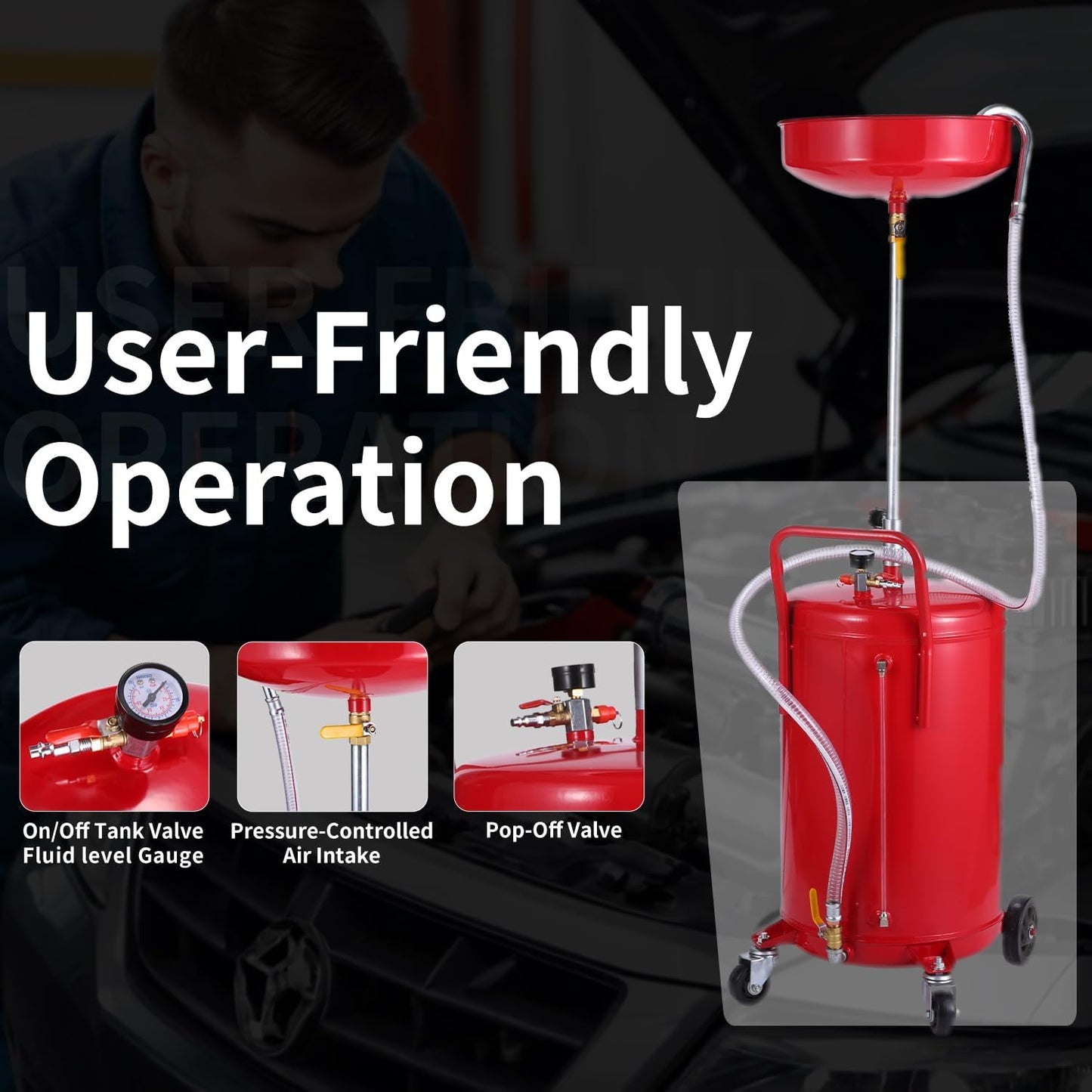 XtremepowerUS 20 Gallon Portable Waste Oil Drain Tank Air Operated Drainage Adjustable Funnel Height with Wheel, Red