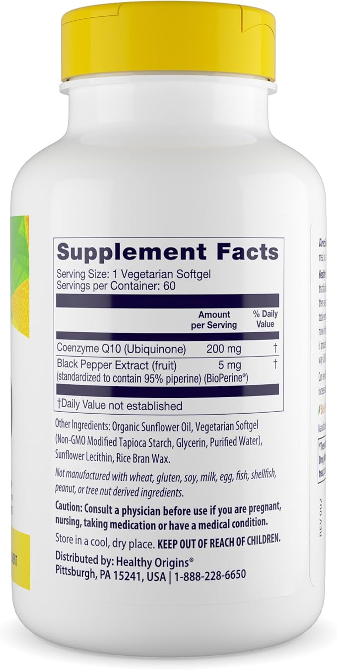 Healthy Origins Natural Enhanced CoQ10 (BioPerine®), 200 mg - Heart Health & Energy Supplement - Gluten-Free & Non-GMO Supplements, with BioPerine & Sunflower Lecithin ((Pack of 1) 60 Veggie Gels)