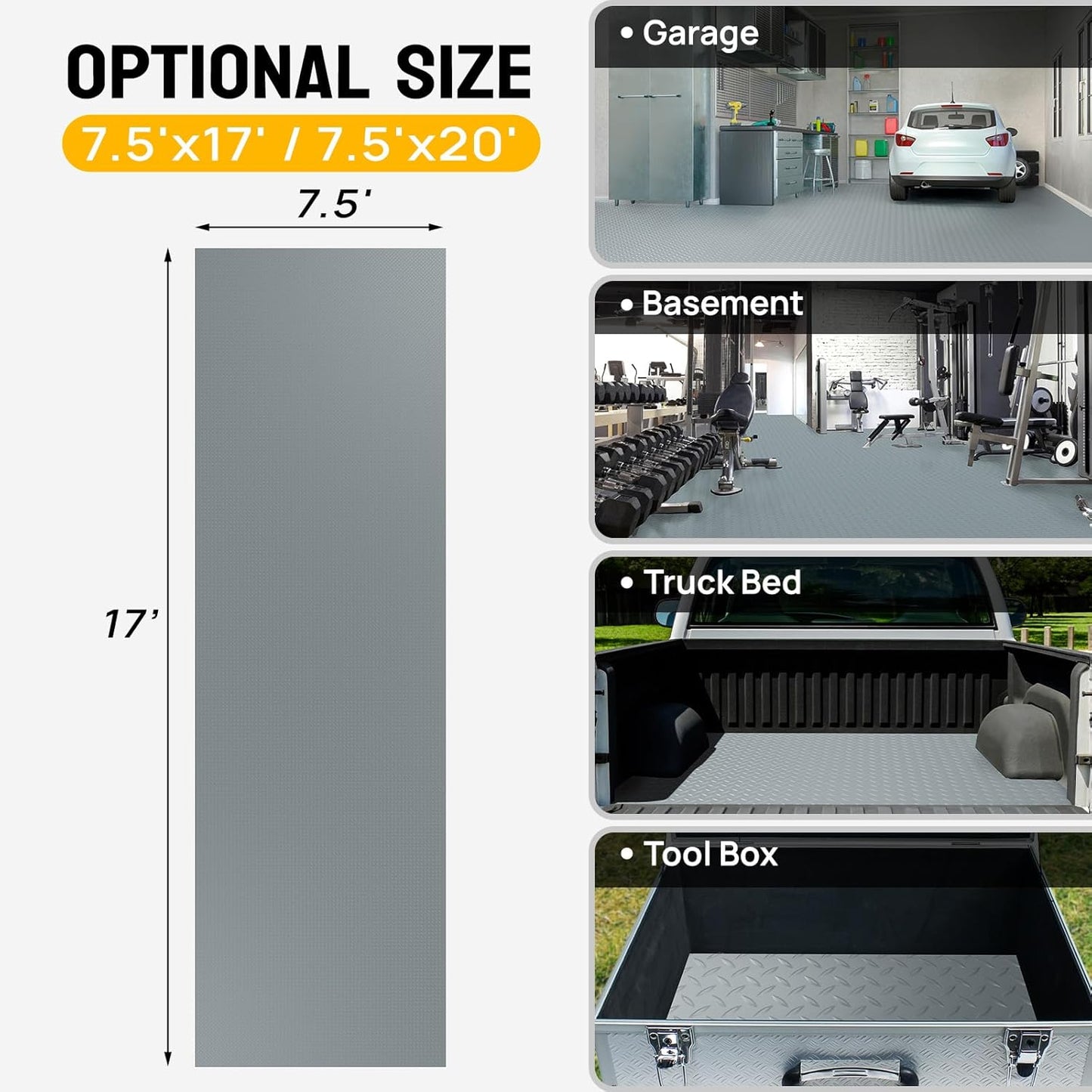 Bonnlo 7.5x20 FT Garage Floor Mat for Under Car,Thickened PVC Roll Floor mats，Waterproof Non Slip Parking Mat,Gray