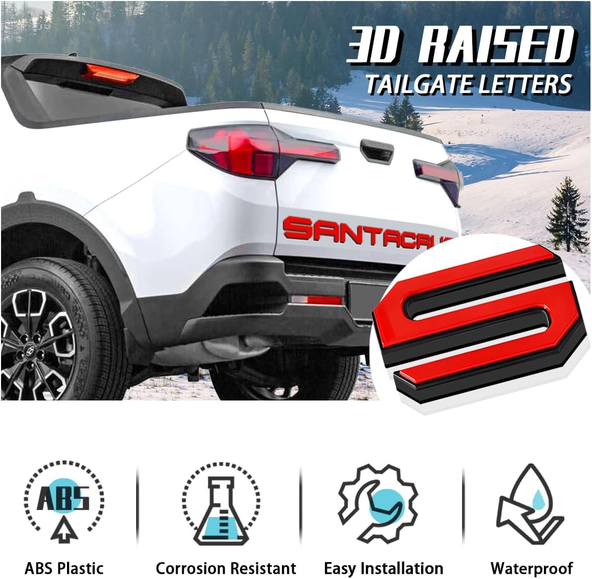 Tailgate Insert Letters Compatible for 2022 2023 2024 2025 Santa Cruz 4D Raised Tailgate Decal Letters (Double Layer Black Edge Red Faced)