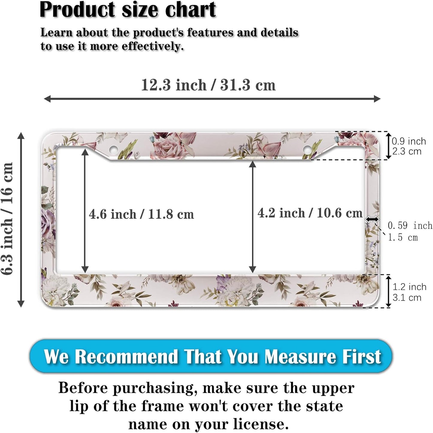 License Plate Bracket for Women Multicolor License Plate Frames for Men Vintage Floral Aluminum Metal Car Accessory 2 Pack with Screw Covers Set