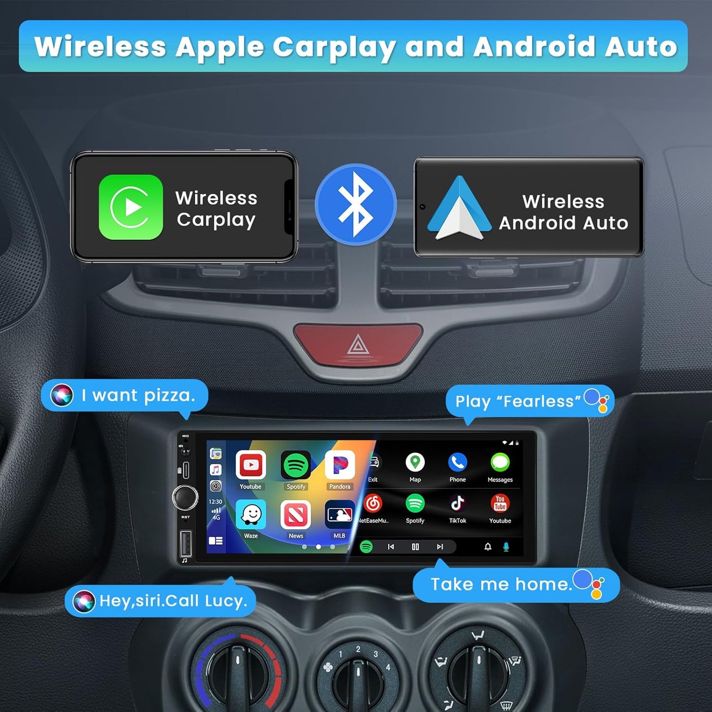 Single Din Car Stereo with Apple Carplay Android Auto,6.9 Inch IPS Touch Screen Car Stereo with Backup Camera, Car Radio Support Mirror Link Bluetooth Handsfree FM/RDS Type-C/USB EQ SWC
