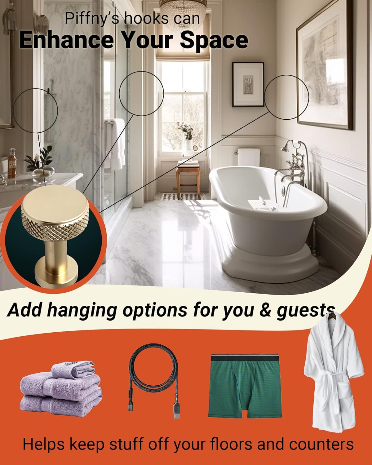 Screw Mount Round Hooks Constructed of Stainless Steel for Towels, Robes, Hats, Jackets in The Bathroom, Bedroom, Kitchen, Entry, and Backyard BBQ Pool Deck - Knurled Gold, 6 Pack