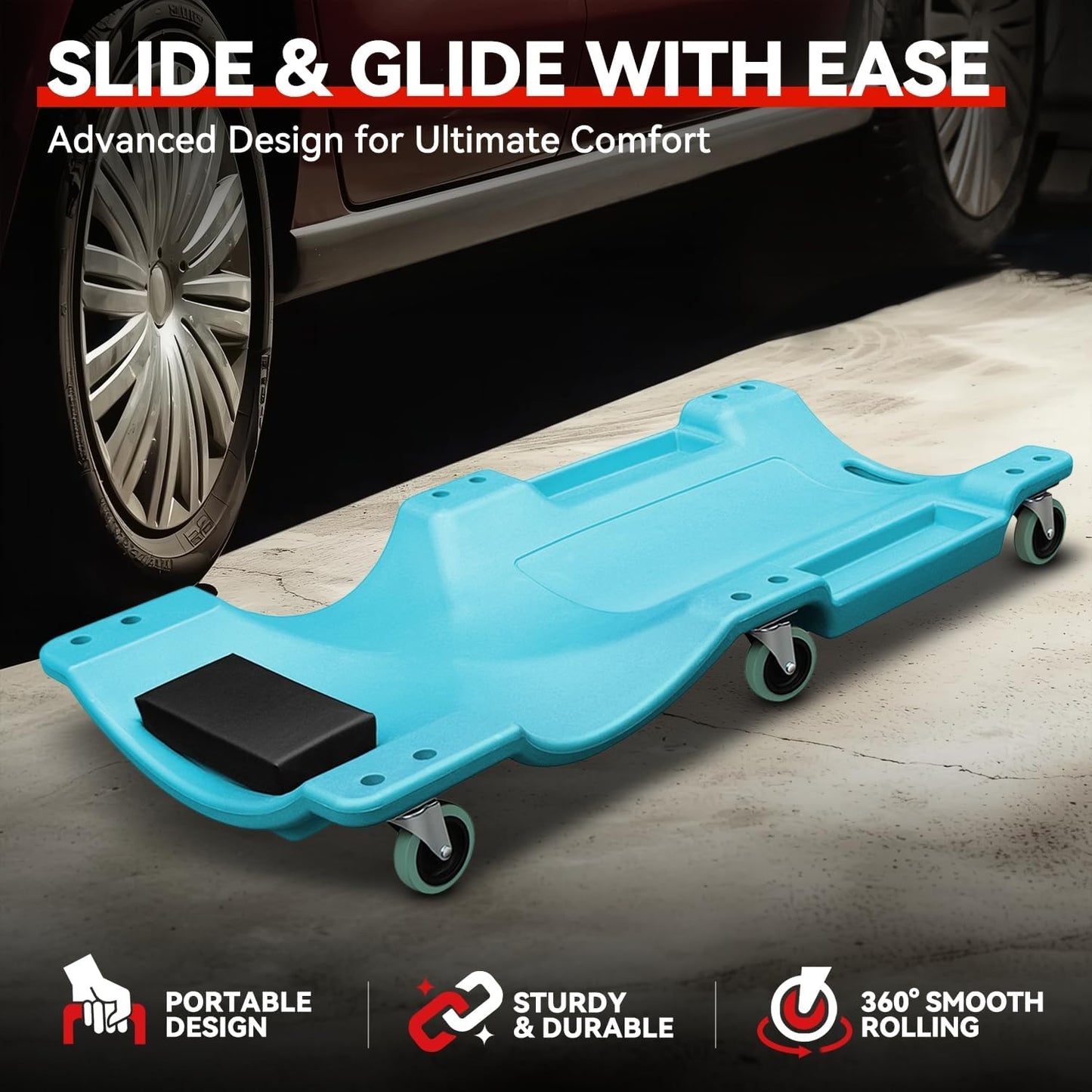 Auto Dynasty 40 Inches Mechanic Creeper, Automotive Garage Repair Low Profile Under Car Rolling Creeper with Padded Headrest, Plastic, Sky Blue