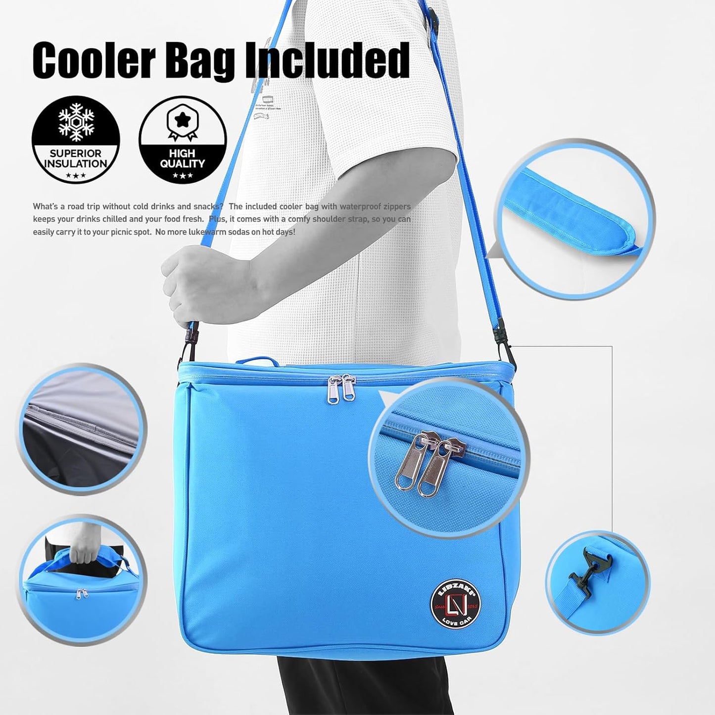 LIBZAKI Oversize 4 in 1 Car Trunk Storage Organizer, Multi Compartment Collapsible Trunk Storage Box with Cooler Bag for Car Truck SUV-Light Blue