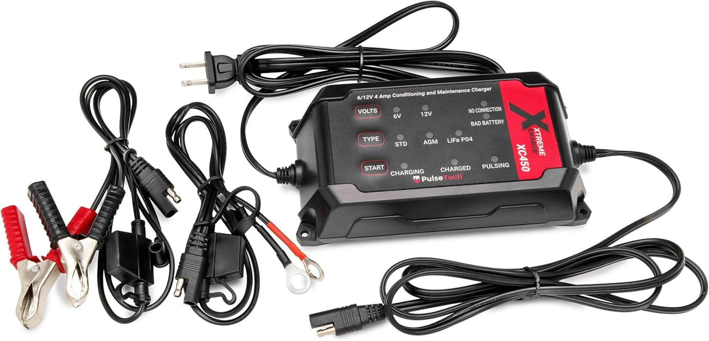 PulseTech XC450 Xtreme Charge 4 AMP Smart Battery Charger Maintainer, Trickle Charger | Test, Charge, Condition & Maintain All 6V/12V Batteries: Lead Acid, LiFeP04, Lithium, VRLA, AGM, Gel & Flooded