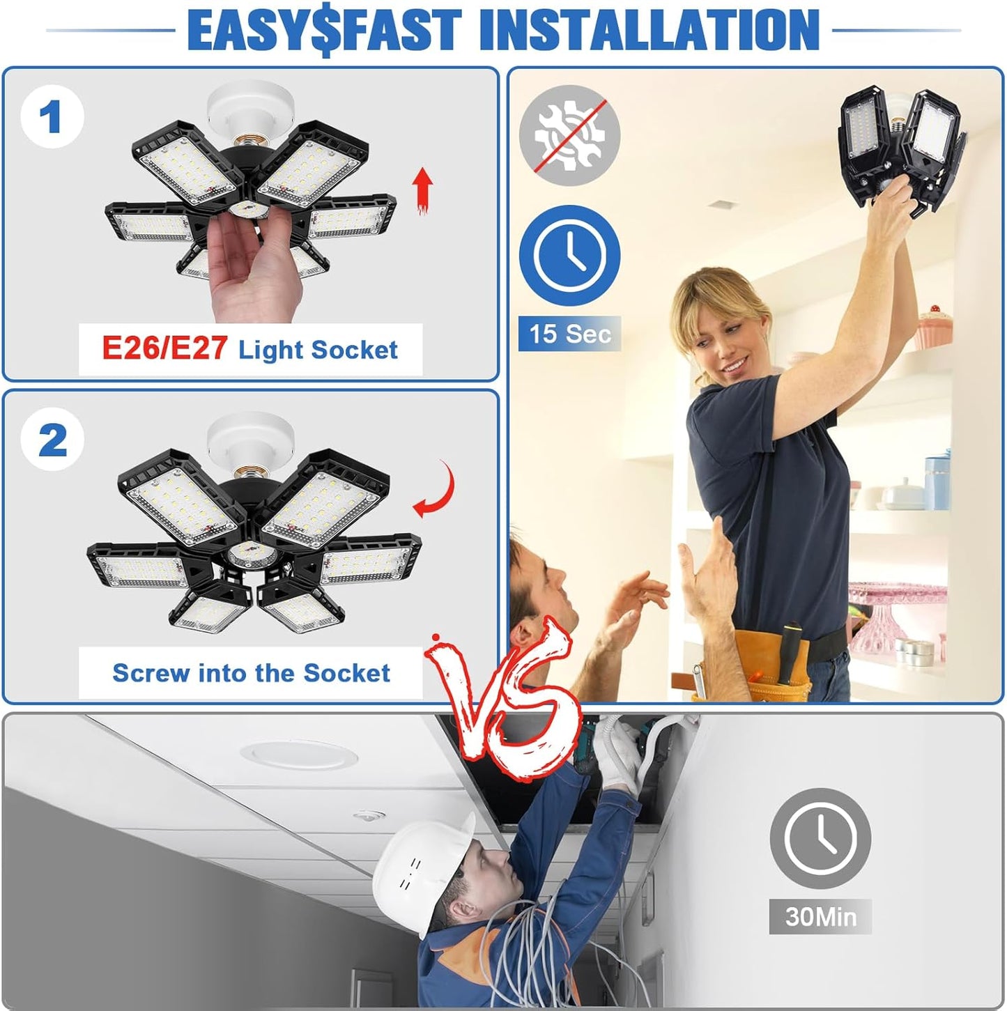 LED Garage Lights 1 Pack -180W, 18000LM 6500K Led Shop Light with 6+1 Deformable Panels, Basement Barn Light Garages Ceiling Lights, E26/E27 for Garage, Warehouse, Shop