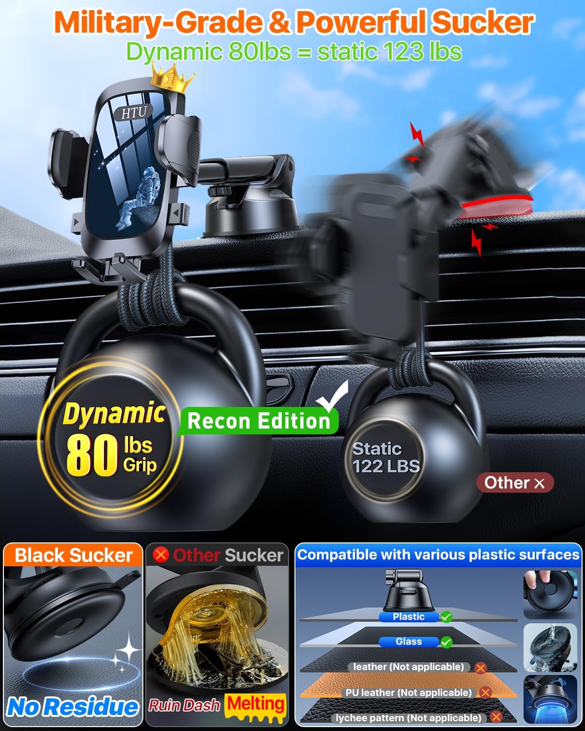 2025 Ultimate Car Phone Holder【80+LBS Strongest Suction & Military-Grade】 Universal Cell Phone Holder Truck Car Mount for Dashboard Windshield Air Vent for iPhone 16 Pro Max 15 Samsung 2pcs (Blue)