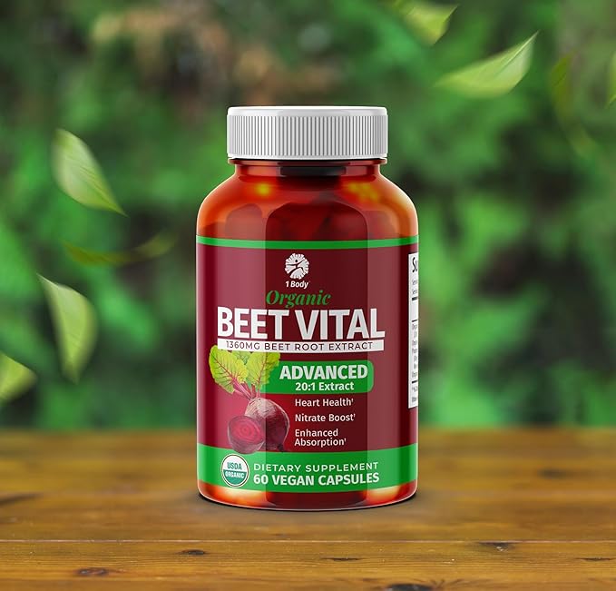 1 Body Beet Vital, Organic Beet Root Supplements for Circulation, Energy, & Stamina, Nitric Oxide Booster Beets Supplements with 1360mg Beetroot Extract, Vegan, Non-GMO, 60 Beetroot Capsules