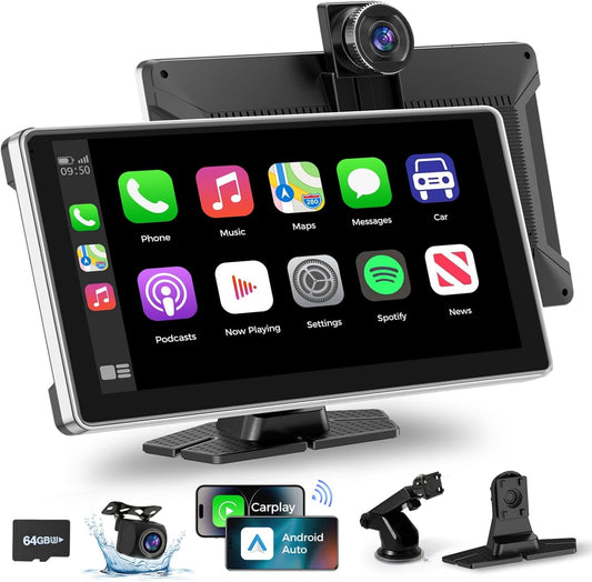 Wireless Carplay with 4K Dash Cam, 9" Portable Carplay Screen for Car, Apple Carplay & Android Auto Car Satellite Radio with 1080P Backup Camera, GPS Navigation/Mirror Link/Voice Control/Bluetooth