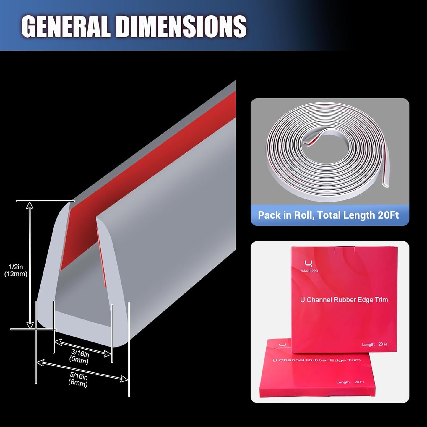Rubber Edge Trim, Flexible Edge Trim for Sharp Edge, 3/16" U Channel Edge Protector, Self Adhesive Edge Guards for Plywood, Glass, Flexiglass and Sheet Metal Parts, 20Ft, Grey Color