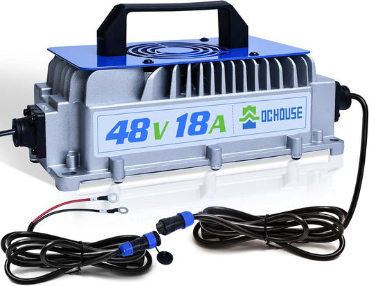 DC HOUSE 48V 18A Lithium Battery Charger, 900W Fast Charger, Charging Efficiency ≥ 93%, IP65 Waterproof Anti-Fall with Cooling Fan, Suitable for 48V Golf Cart/Forklift/Ship Lithium Battery