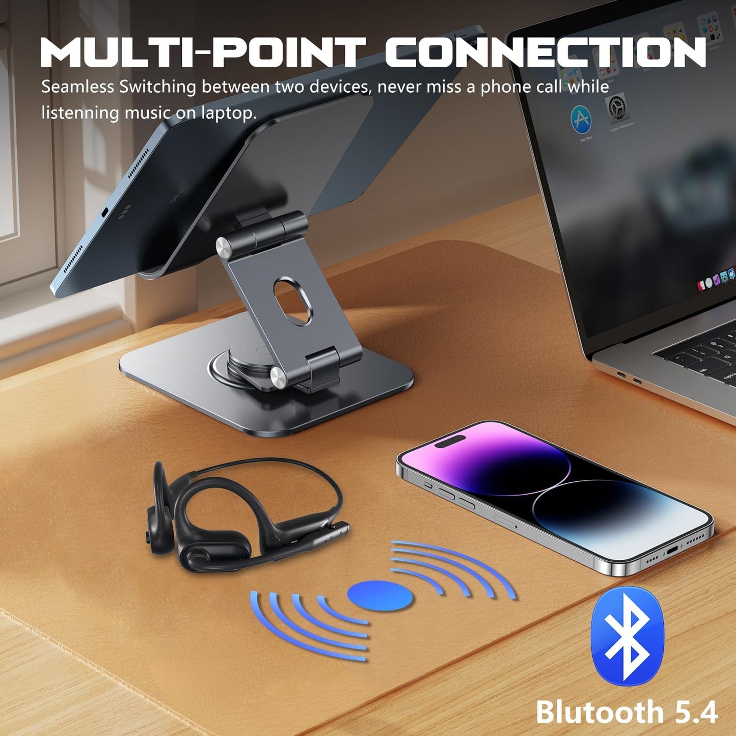 Open Ear Bluetooth 5.4 Headphones with Mic, Lightweight Wireless Headset with Microphone Noise Cancelling Mute Button for Home Office Work Driving Running Workouts, Dual Link, 15H Playtime