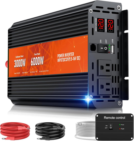 3000W Power Inverter,Peak Power 6000W 12V DC to AC 110V120V,Remote Control with 2AC Outlets and 2.4USB Port,LCD Display for Power Converter,Outdoor Activities,Emergency,Vehicles Truck RV Solar System