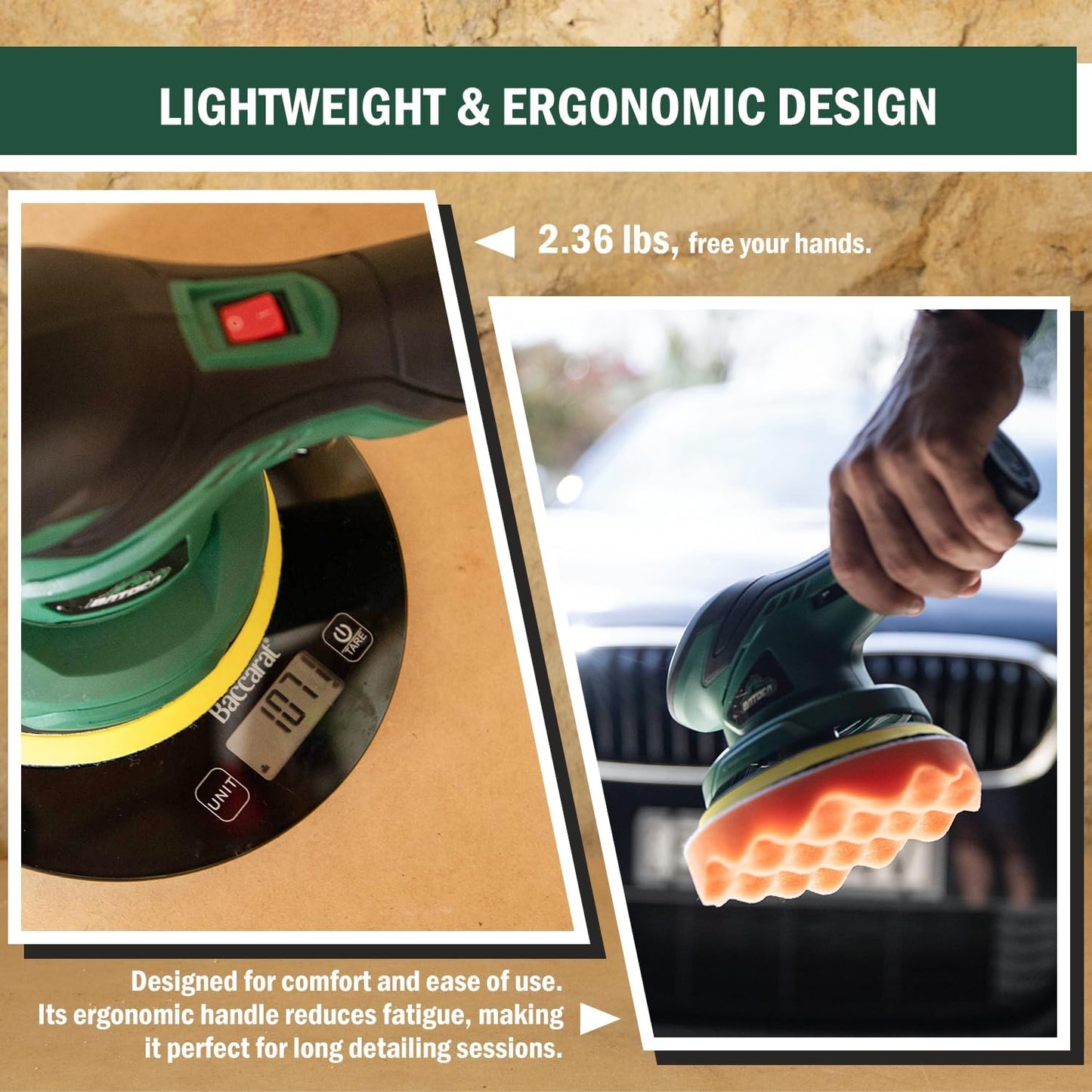 BATOCA - Cordless Car Buffer Polisher - 1pcs 2.0Ah 12V Lithium-ion Rechargeable Battery Powered Brushless Polisher with 6 Variable Speed, DA Orbital Buffer for Car Detailing, Polishing, Waxing