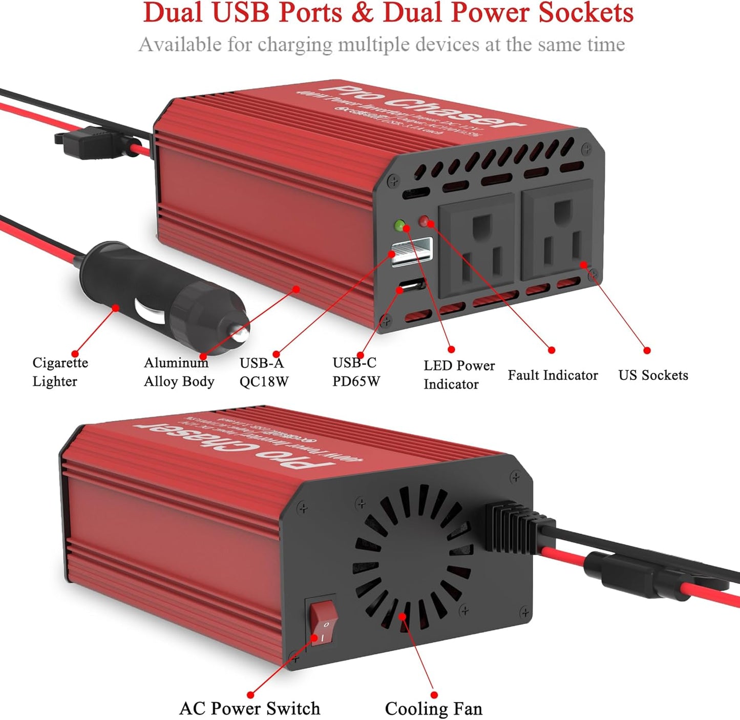 Pro Chaser 400W Vehicle Power Inverter - 12V DC to 110V AC Car Converter, Dual AC Outlets, USB-A QC 18W & USB-C PD 65W Ports, Road Trip Charging Companion with Replaceable in-Line Fuse