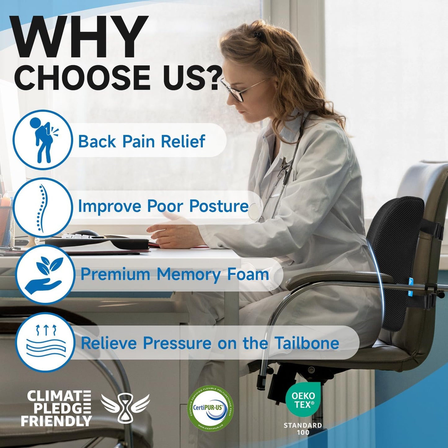 Lumbar Support Pillow for Office Chair, College Dorm Room Essentials, Memory Foam, Lower Back Support for Car, Back Pain Relief, Back Cushion for Chair with Adjustable Strap and Mesh Washable Cover