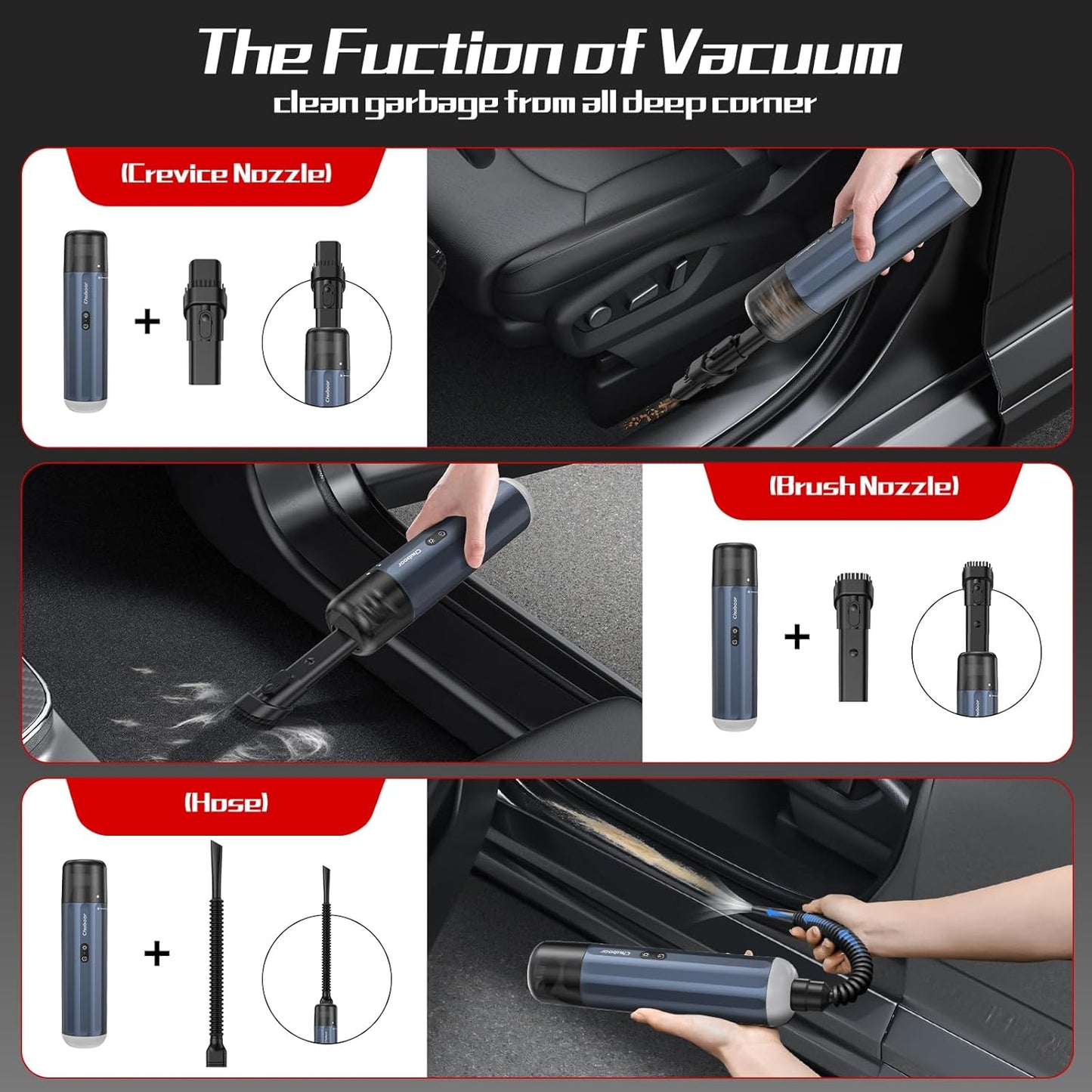 Chuboor Car Vacuum Cleaner High Power Cordless Rechargeable, 16000PA Powerful Handheld Vacuum, Portable Mini Vacuum with LED SOS Light, Small Hand Held Vacuuming Cordless, Dust Busters(P16-Blue)